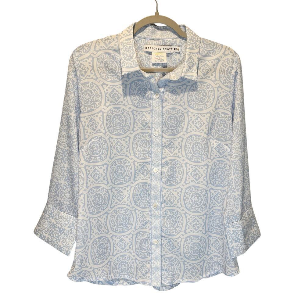 Gretchen Scott Blue & White Medallion Print Button Down Shirt - size Medium